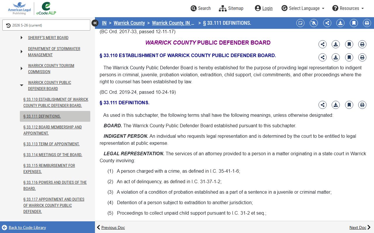Warrick County arrest records public defender board code section