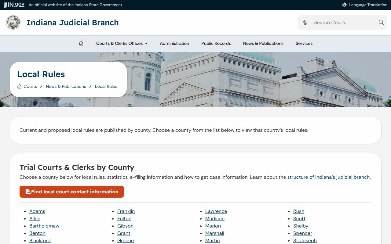 Warrick County court dockets Indiana local rules page
