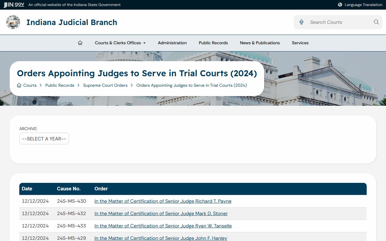Warrick County court dockets Indiana Supreme Court public orders