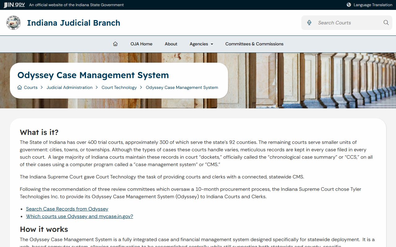 Warrick County court records Odyssey case management overview