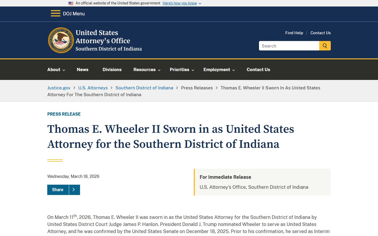 Warrick County criminal court records U.S. Attorney appointment