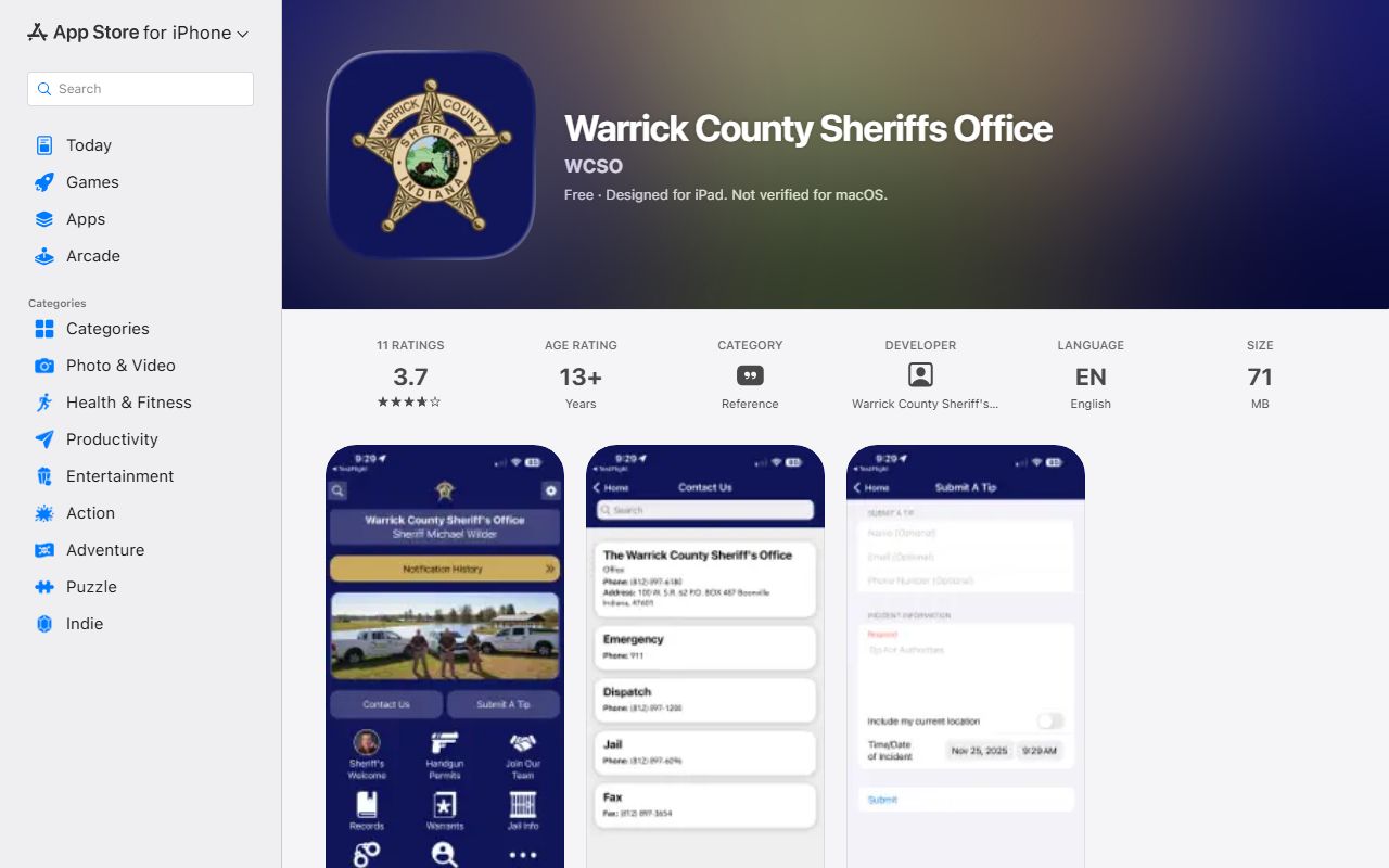 Warrick County inmate records sheriff app Apple App Store listing