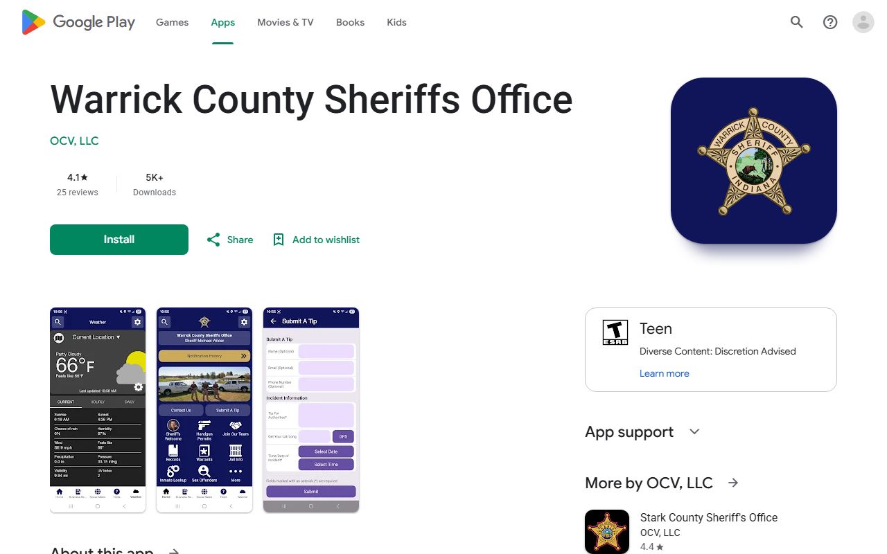 Warrick County inmate records sheriff app Google Play listing