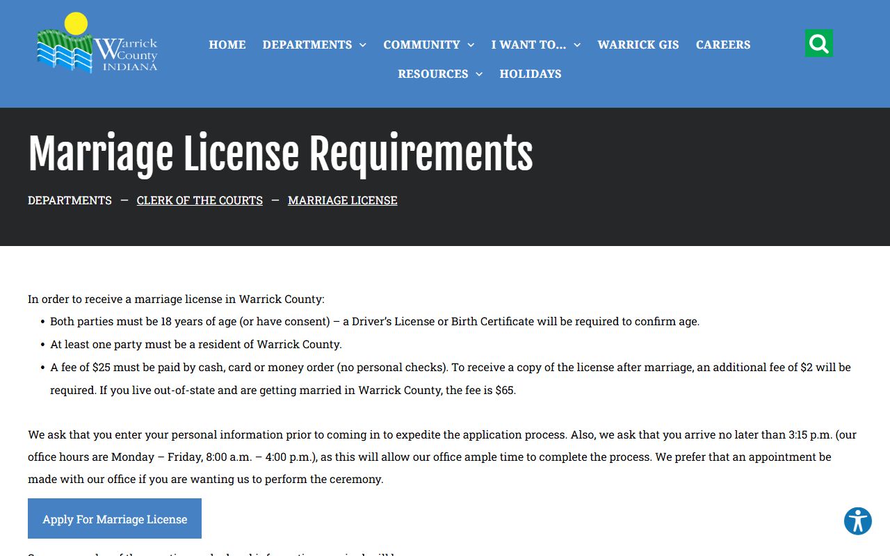 Warrick County marriage and divorce records marriage license page