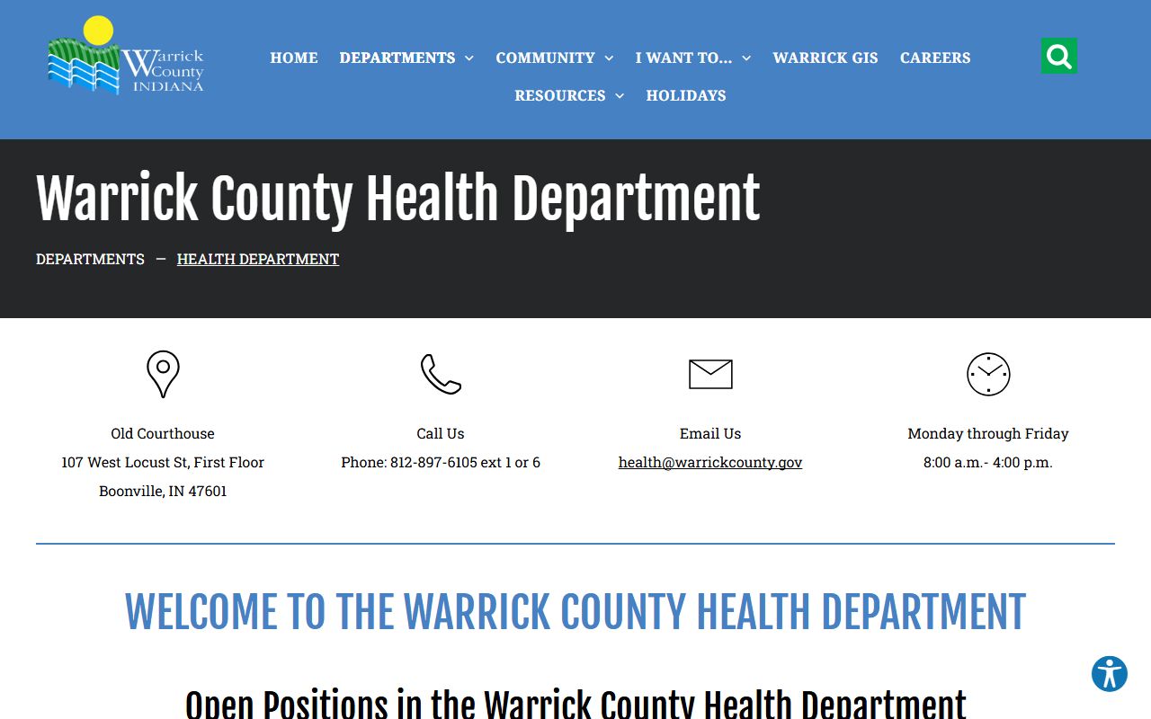 Warrick County marriage and divorce records Health Department page