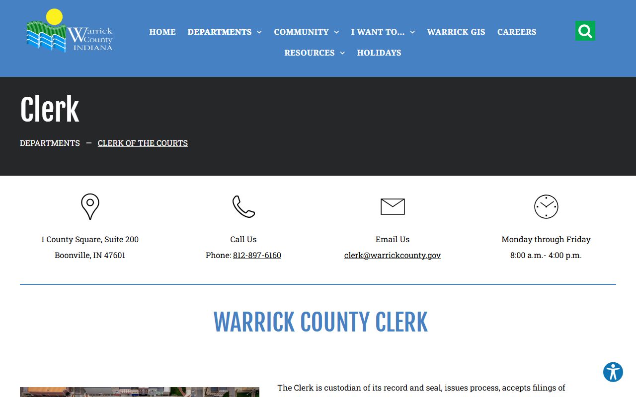 Warrick County probate records Clerk of the Courts page