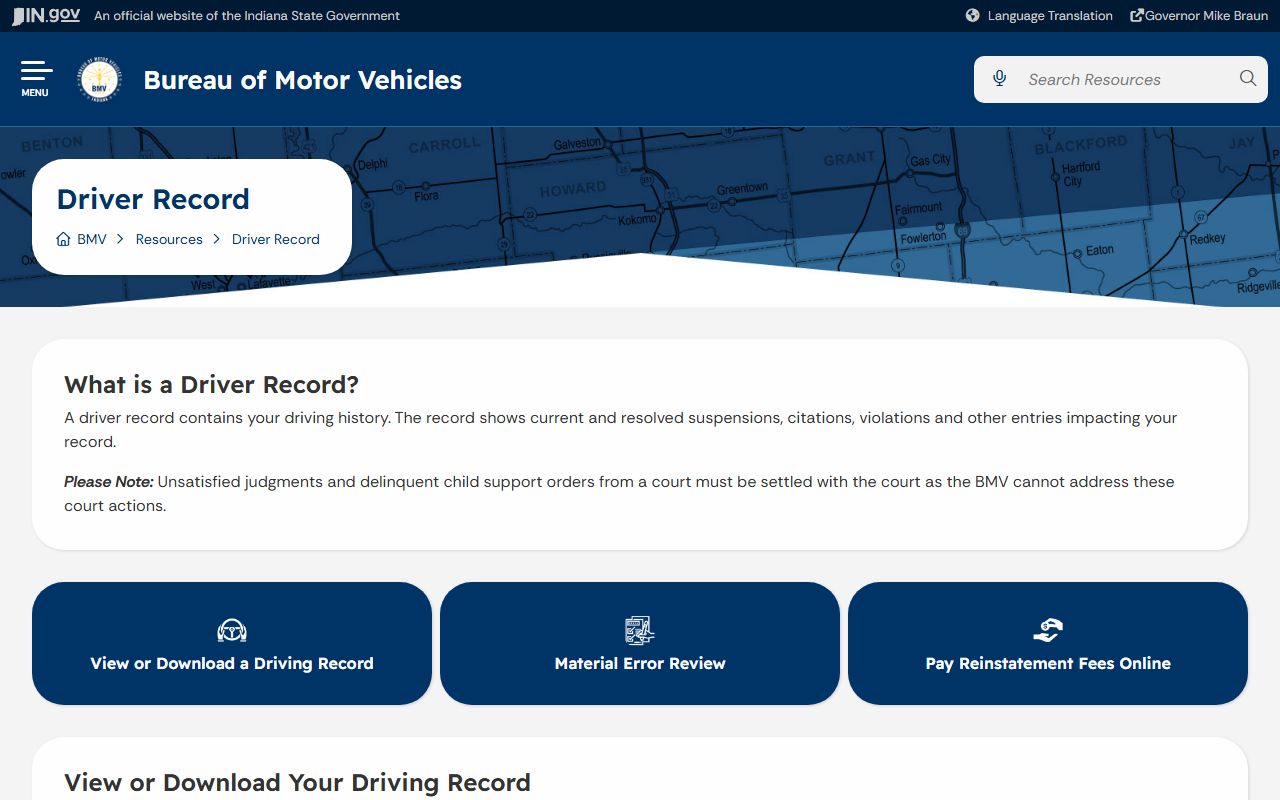 Warrick County traffic court records Indiana BMV driver record page