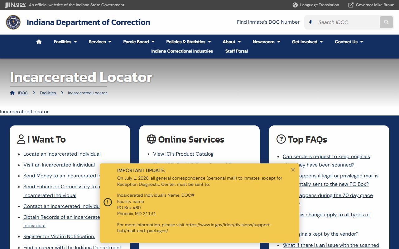 Warrick County warrant records IDOC offender locator page
